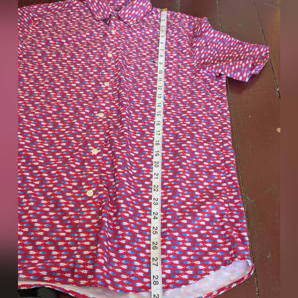 Vineyard Vines Micro Fish Red Short Sleeve Feather Performance Ripstop Shirt Med - Picture 10 of 10